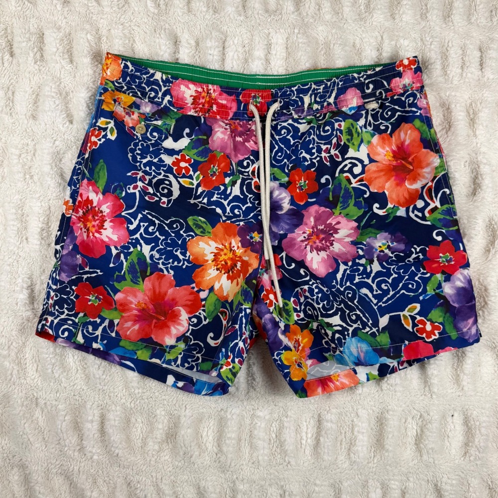 Polo Ralph Lauren Mens Floral Swim Trunks Navy Blue Tropical Board Shorts XL